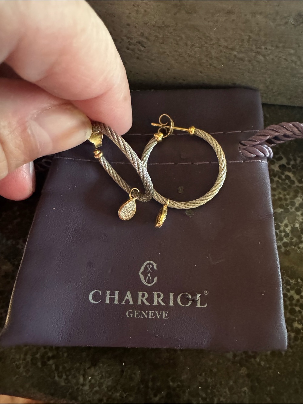 Charriol Two-Tone Cable Hoop Earrings with Pavé Teardrop Charm - Gold & Silver